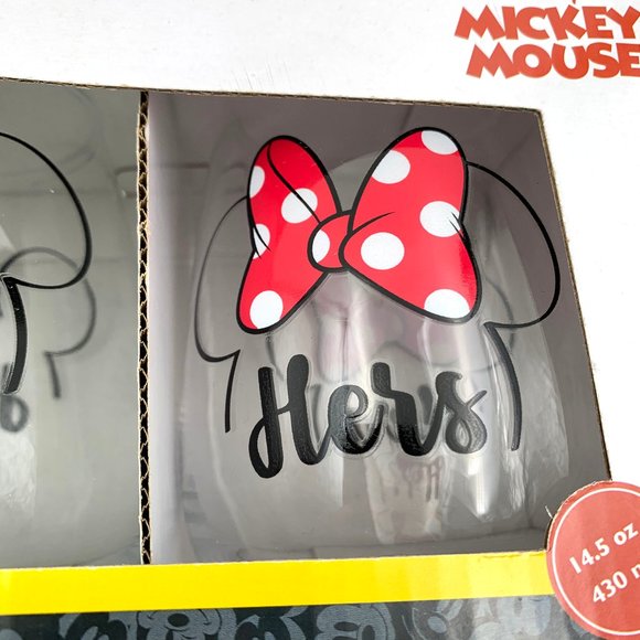 Disney Mickey Mouse Minnie Mouse His & Hers Stemless Glasses NEW NIB - Picture 3 of 6